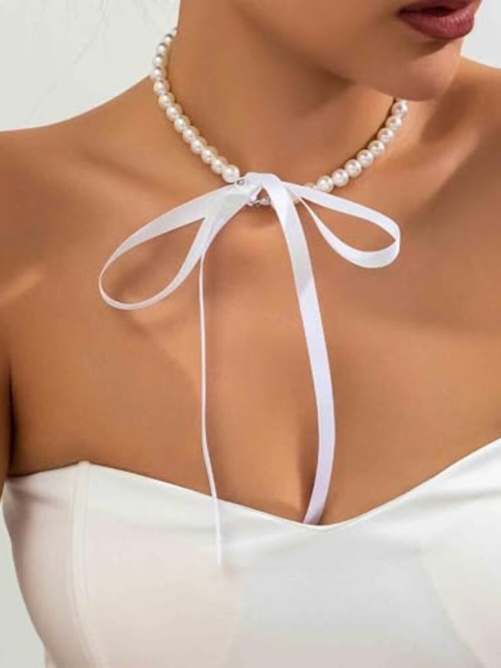 Vintage Pearl Ribbon Choker Necklace Black Satin Ribbon Bow Necklace White Pearl